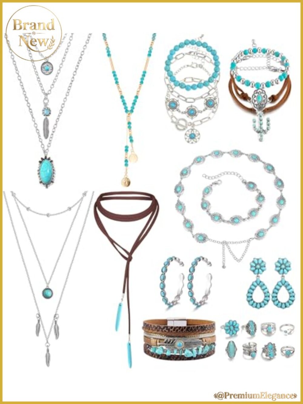 Western Turquoise Jewelry Set with Necklace Bracelet Belt
